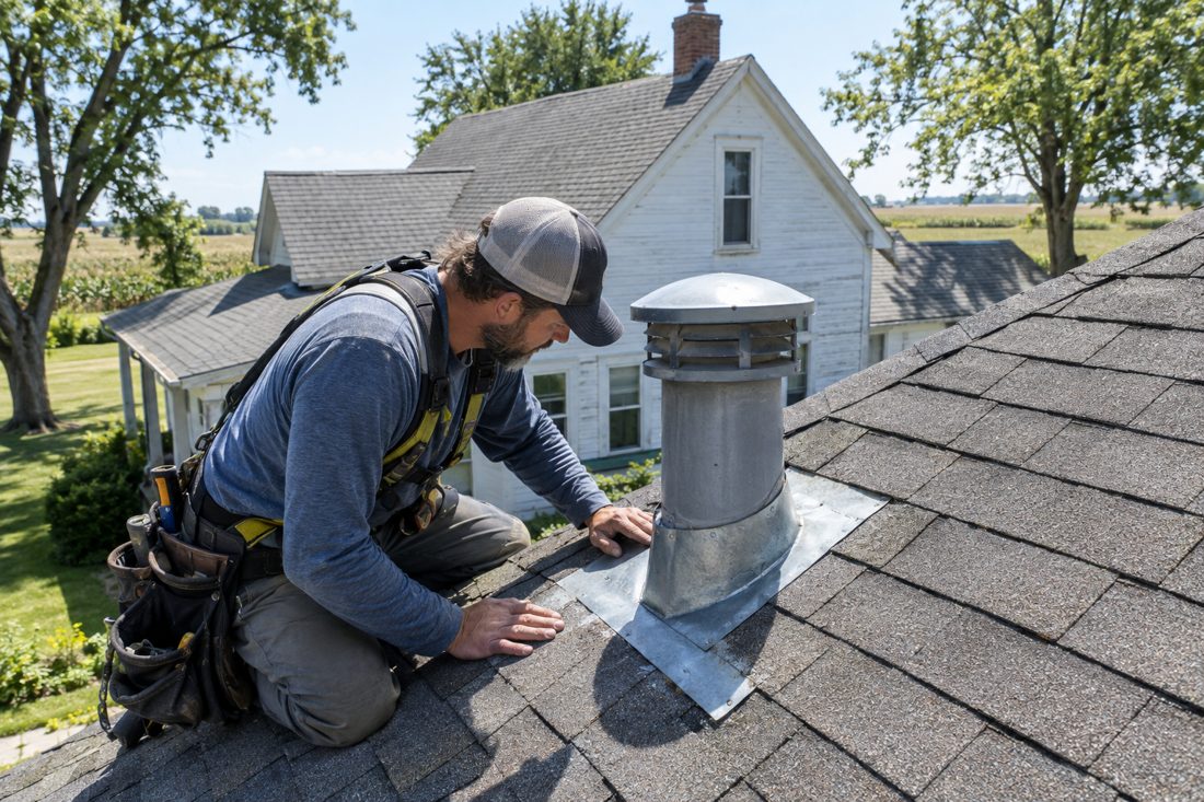 A close view of a roofer checking flashing around a vent on the roof of an older Alburnett farmhouse in Alburnett, IA
