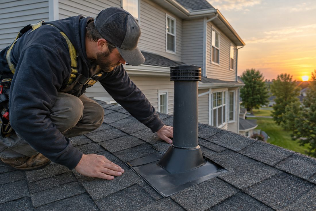 Close view of a roofer checking flashing around a vent on an asphalt-shingle roof at a Center Point home in Center Point, IA