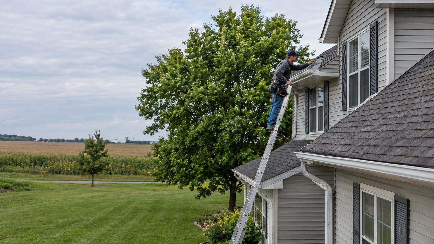 A roofing professional inspects shingles from a ladder beside a two-story Center Point home on a clear, breezy day in Center Point, IA