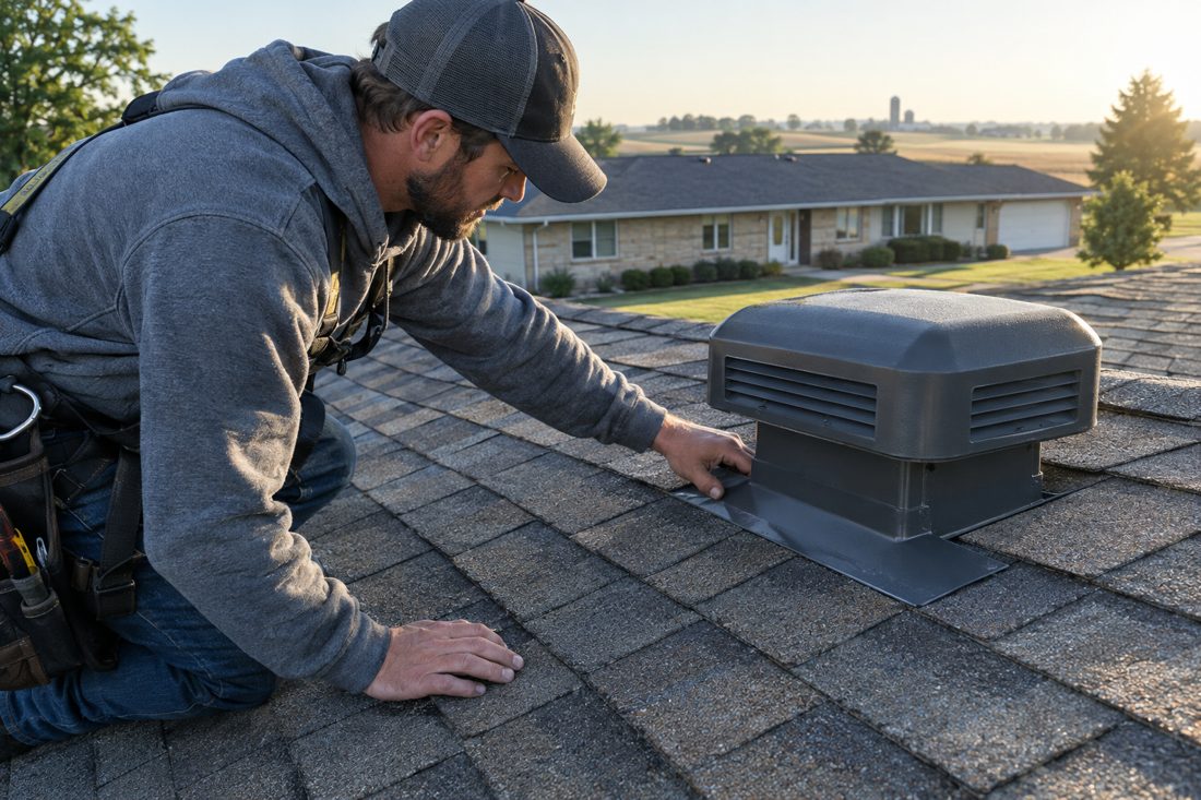 Close view of a roofer checking flashing beside a vent on the asphalt-shingle roof of a Palo ranch home in Palo, IA